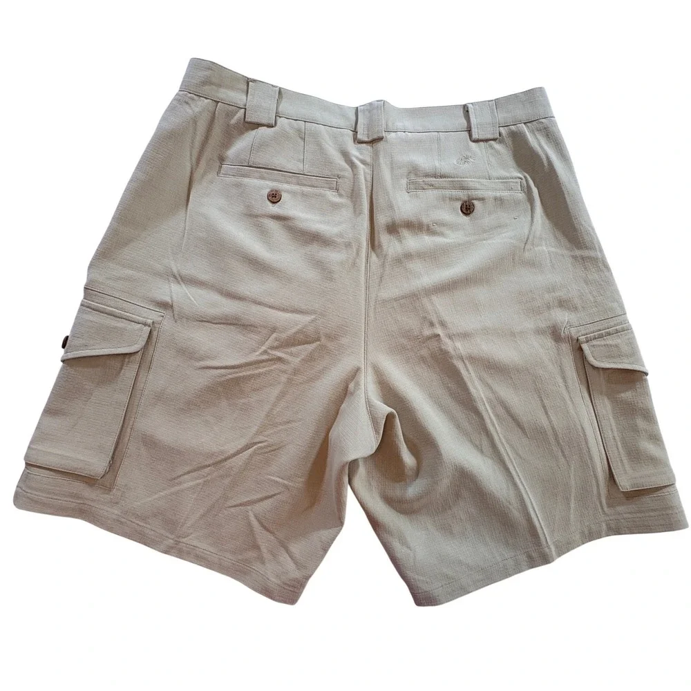 Caribbean Roundtree & Yorke Silk Cargo Shorts Mens 36 Tan Pleated Casual Luxury